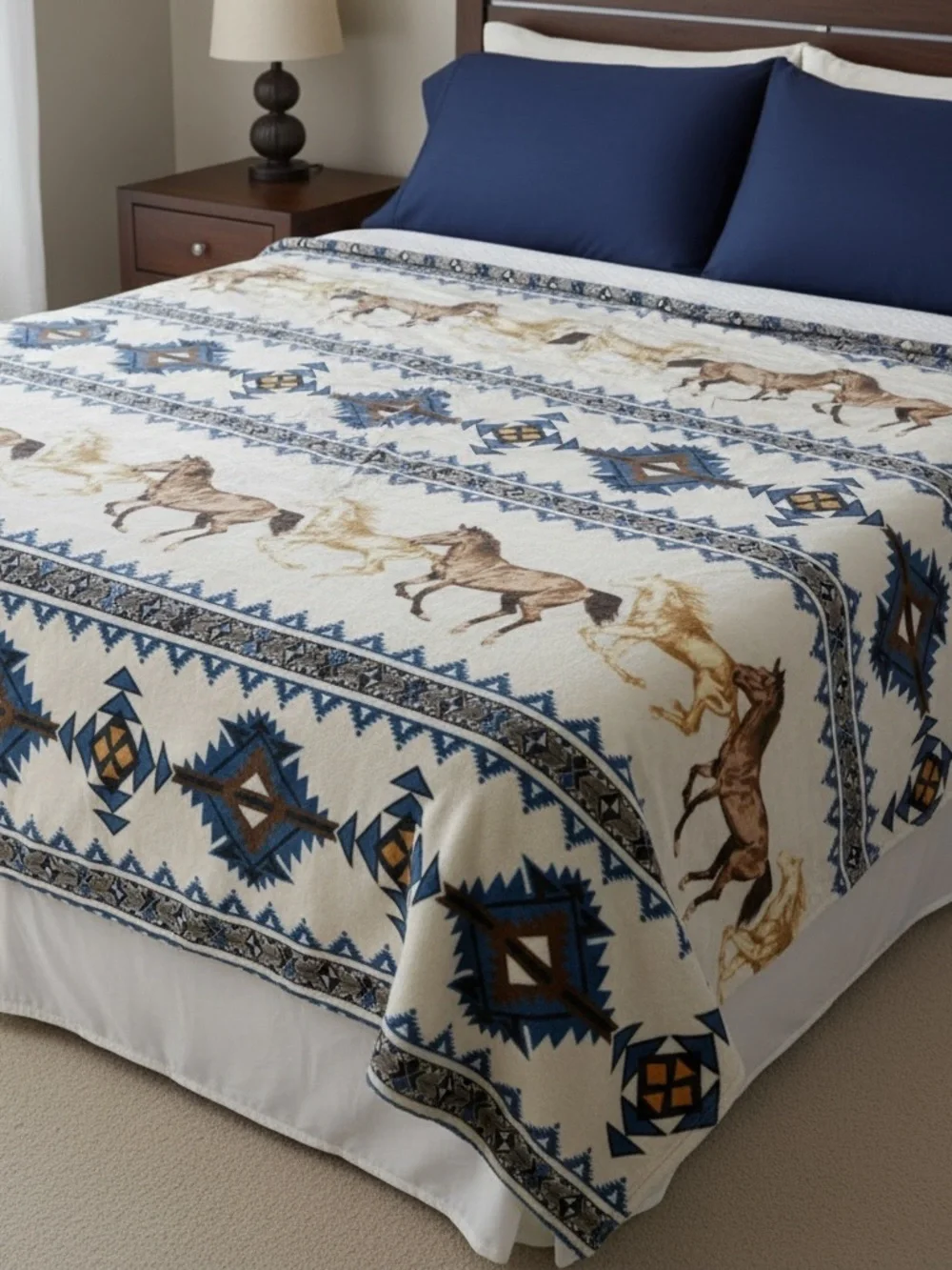 Queen Southwest tribal Aztec Horses Plush fleece Blanket - Turquoise & Brown